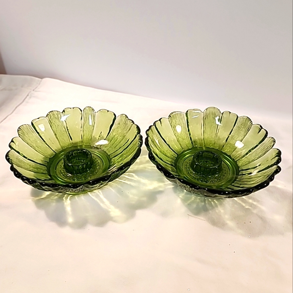 Vtg Indiana Glass Candle Holder Set x 2 Textured Green Sunflower 5" Spring Taper
